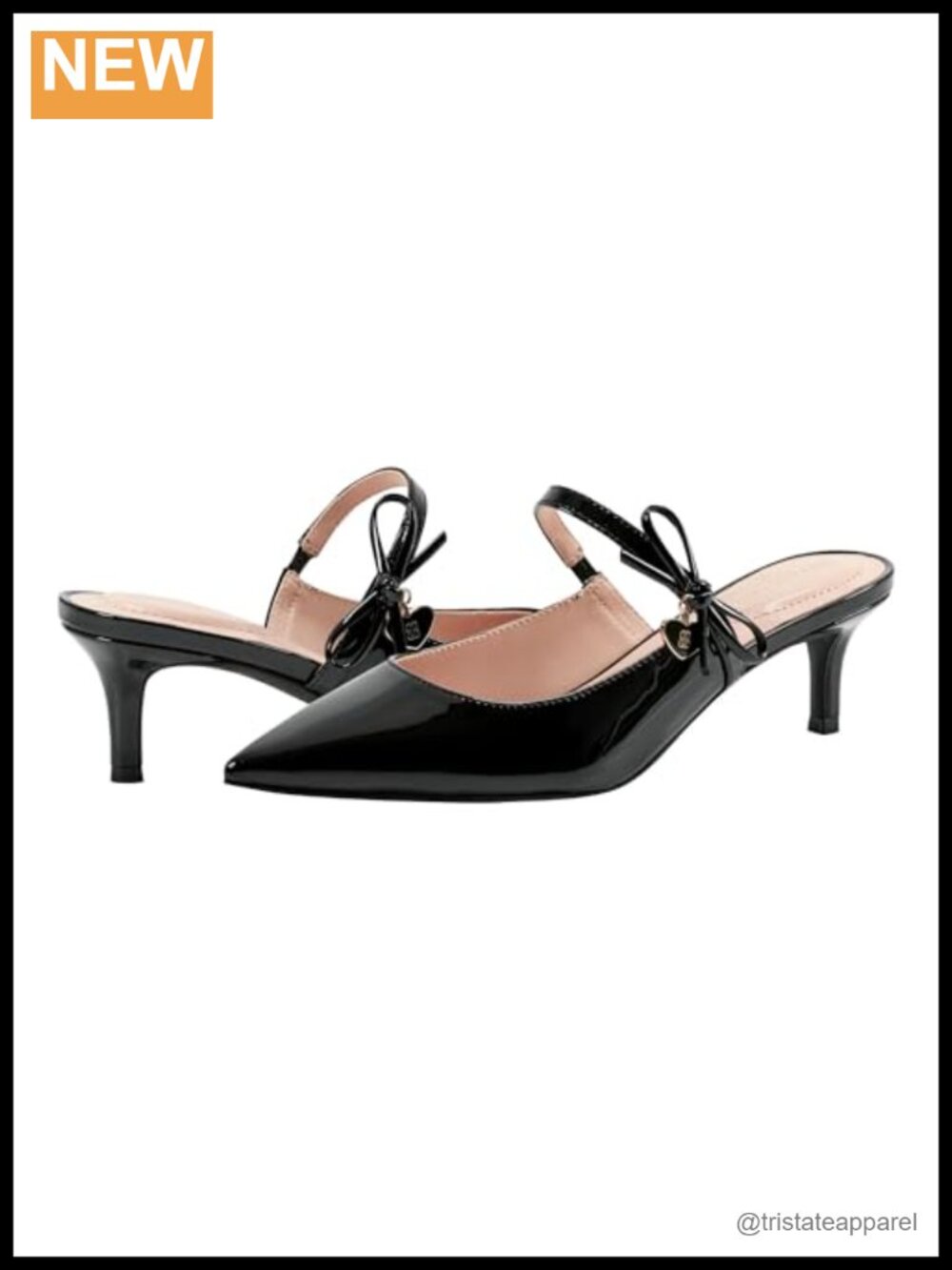 Pointed Toe Slip-On Kitten Heel Mule with Bow Charm, Faux Patent Leather, 2.17